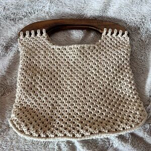 Vintage Macramé Clutch Handbag Purse + wood Handles, Cream Knit Clamshell